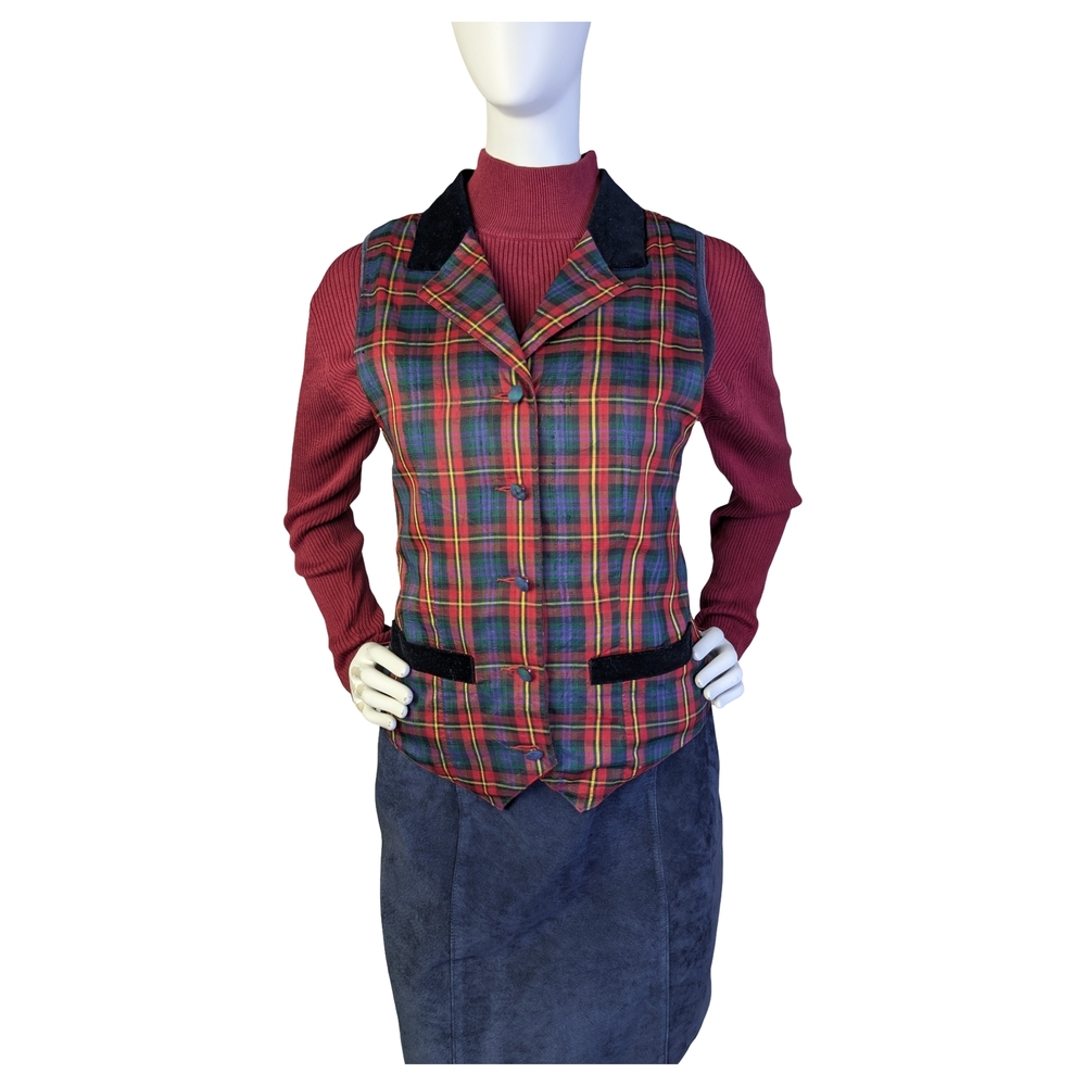 Vintage 100% Silk Lizsport Plaid Tartan Vest Velvet Collar | Preppy Y2K | Size S